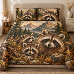 Raccoon Family Quilt Set, Mountain Forest and Autumn Woodland, Gift for Wildlife Lovers
