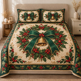 Christmas Bell Quilt Set, Green Bow Holly and Festive Wreath, Gift for Christmas Lovers