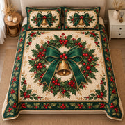 AI mockup, high centered overhead view of a golden bell beneath a green bow in a holly wreath on cream with a green floral border, quilt and two matching printed pillowcases in a neutral bedroom.