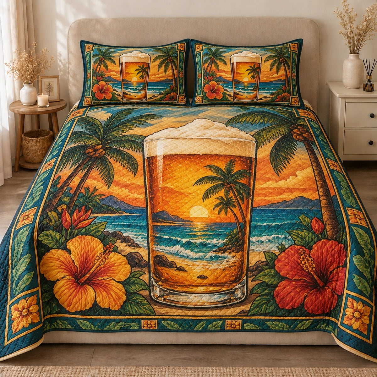 AI mockup, front view of a foamy glass of beer containing a tropical sunset scene, palm trees and hibiscus flowers, quilt and two matching printed pillowcases in a neutral bedroom.