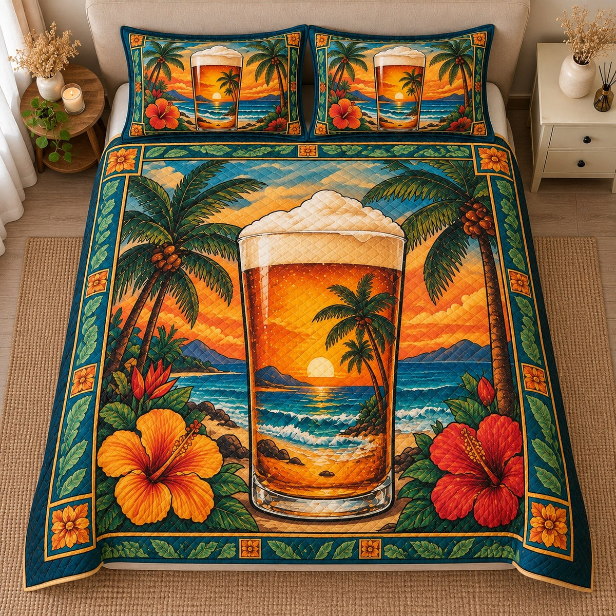 AI mockup, high centered overhead view of a foamy glass of beer containing a tropical sunset scene, palm trees and hibiscus flowers, quilt and two matching printed pillowcases in a neutral bedroom.