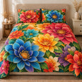 Rainbow Floral Quilt Set, Vibrant Garden Blooms and Green Leaves, Gift for Flower Lovers