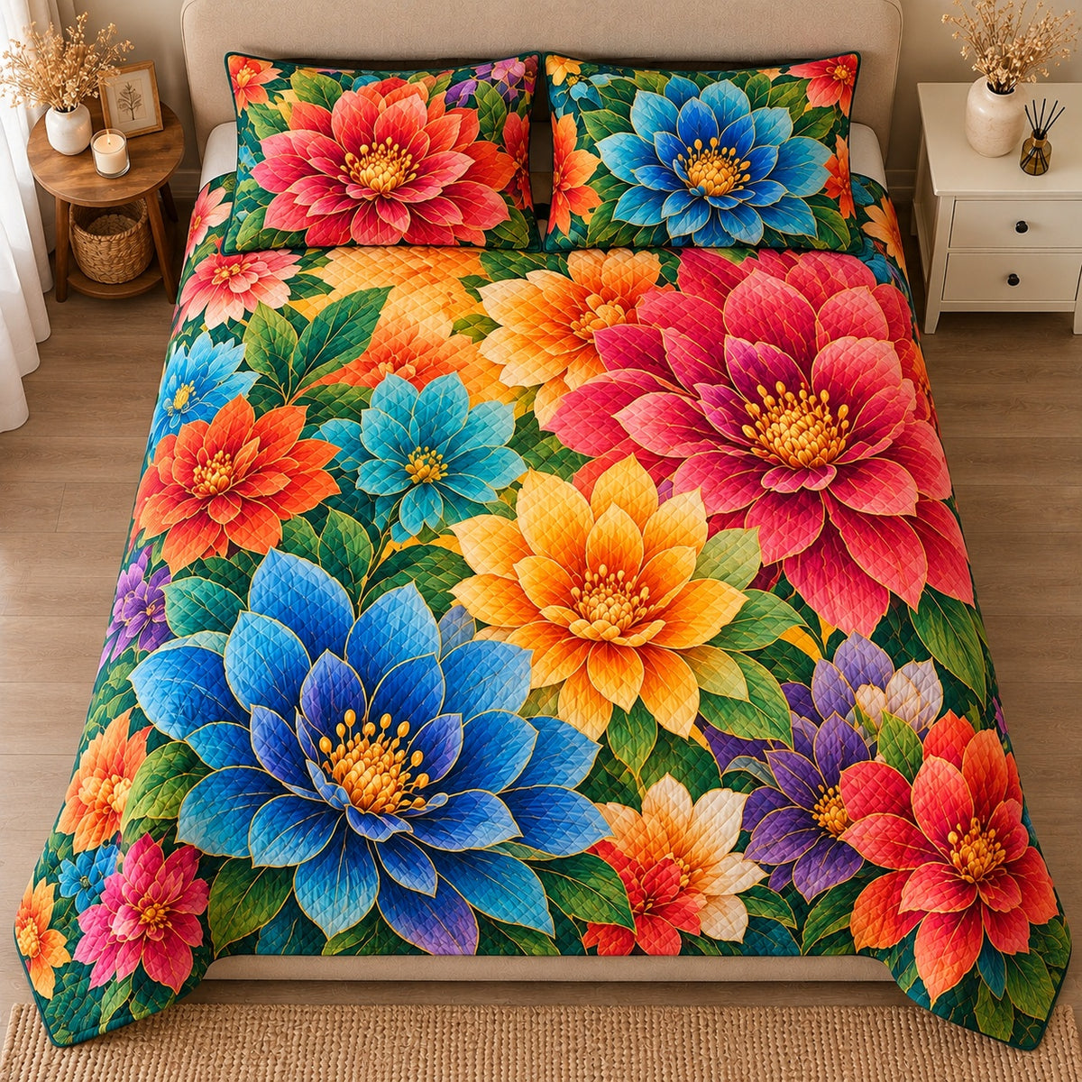 AI mockup, high centered overhead view of oversized colorful flowers in bright blue pink orange yellow and purple with green leaves, quilt and two matching printed pillowcases in a neutral bedroom.