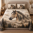 Horse Quilt Set, Misty Pine Forest and Mountain Portrait, Gift for Horse Lovers