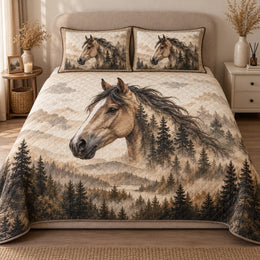 Horse Quilt Set, Misty Pine Forest and Mountain Portrait, Gift for Horse Lovers