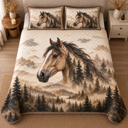 AI mockup, high centered overhead view of a horse portrait blending into a misty pine forest and mountain landscape in sepia and cream, quilt and two matching printed pillowcases in a neutral bedroom.