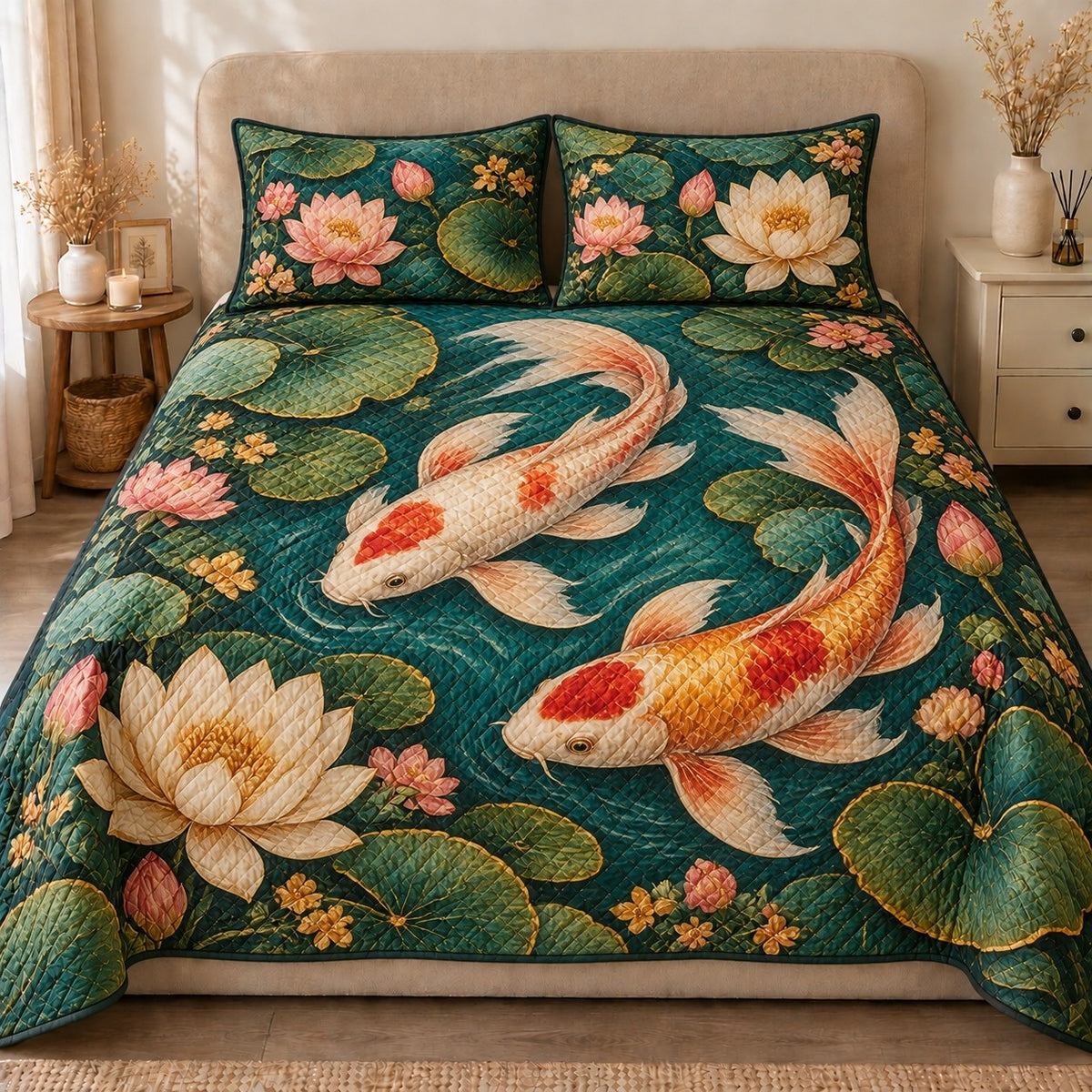 AI mockup, front view of two orange and ivory koi fish swimming among lotus flowers and lily pads in a deep green pond, quilt and two matching printed pillowcases in a neutral bedroom.