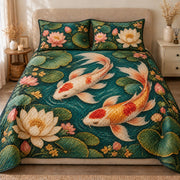 AI mockup, front view of two orange and ivory koi fish swimming among lotus flowers and lily pads in a deep green pond, quilt and two matching printed pillowcases in a neutral bedroom.