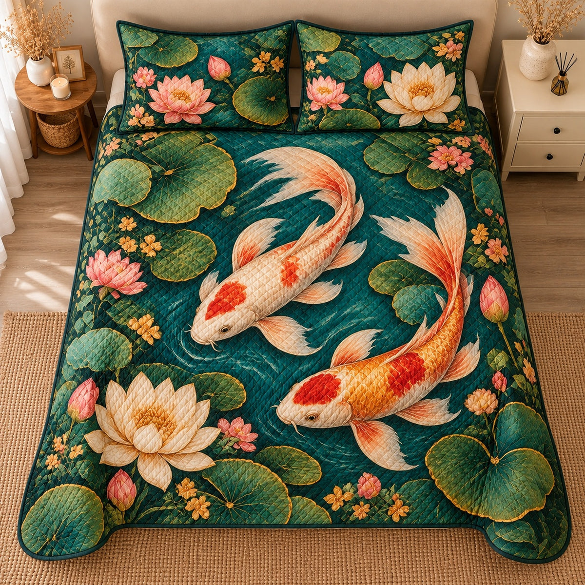 AI mockup, high centered overhead view of two orange and ivory koi fish swimming among lotus flowers and lily pads in a deep green pond, quilt and two matching printed pillowcases in a neutral bedroom.
