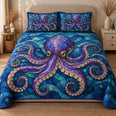 Purple Octopus Quilt Set, Blue Mosaic Ocean and Curling Tentacles, Gift for Ocean Lovers