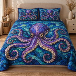 Purple Octopus Quilt Set, Blue Mosaic Ocean and Curling Tentacles, Gift for Ocean Lovers