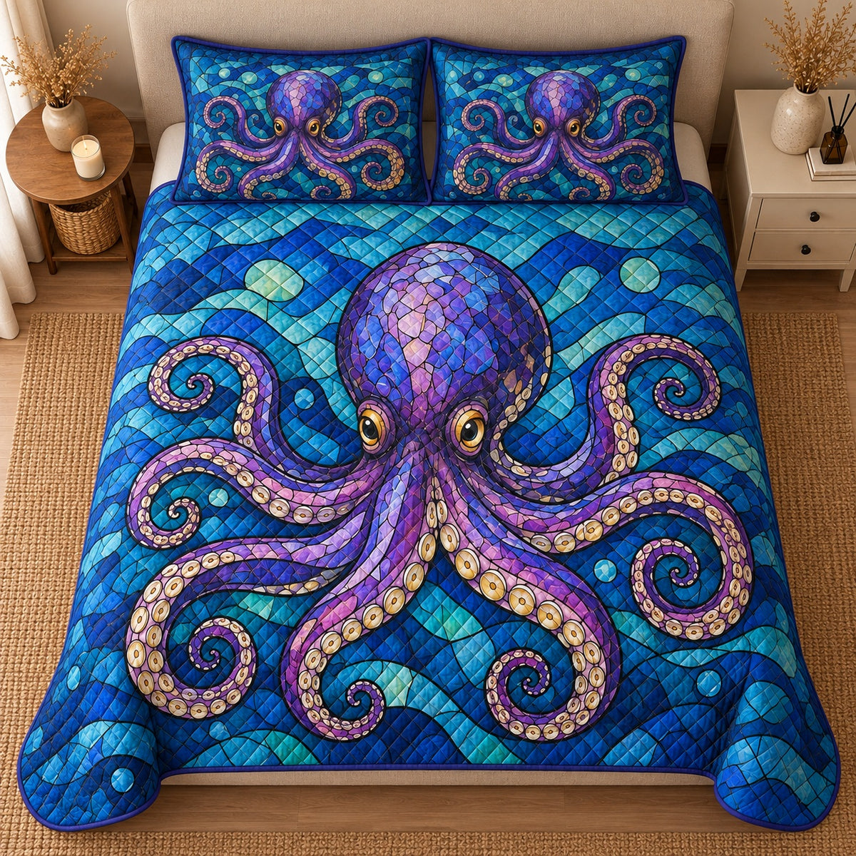 AI mockup, high centered overhead view of a purple octopus with curling tentacles against a blue stained glass style mosaic ocean, quilt and two matching printed pillowcases in a neutral bedroom.