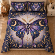 AI mockup, high centered overhead view of a large purple moth with golden moons and stars over a dark celestial botanical background, quilt and two matching printed pillowcases in a neutral bedroom.