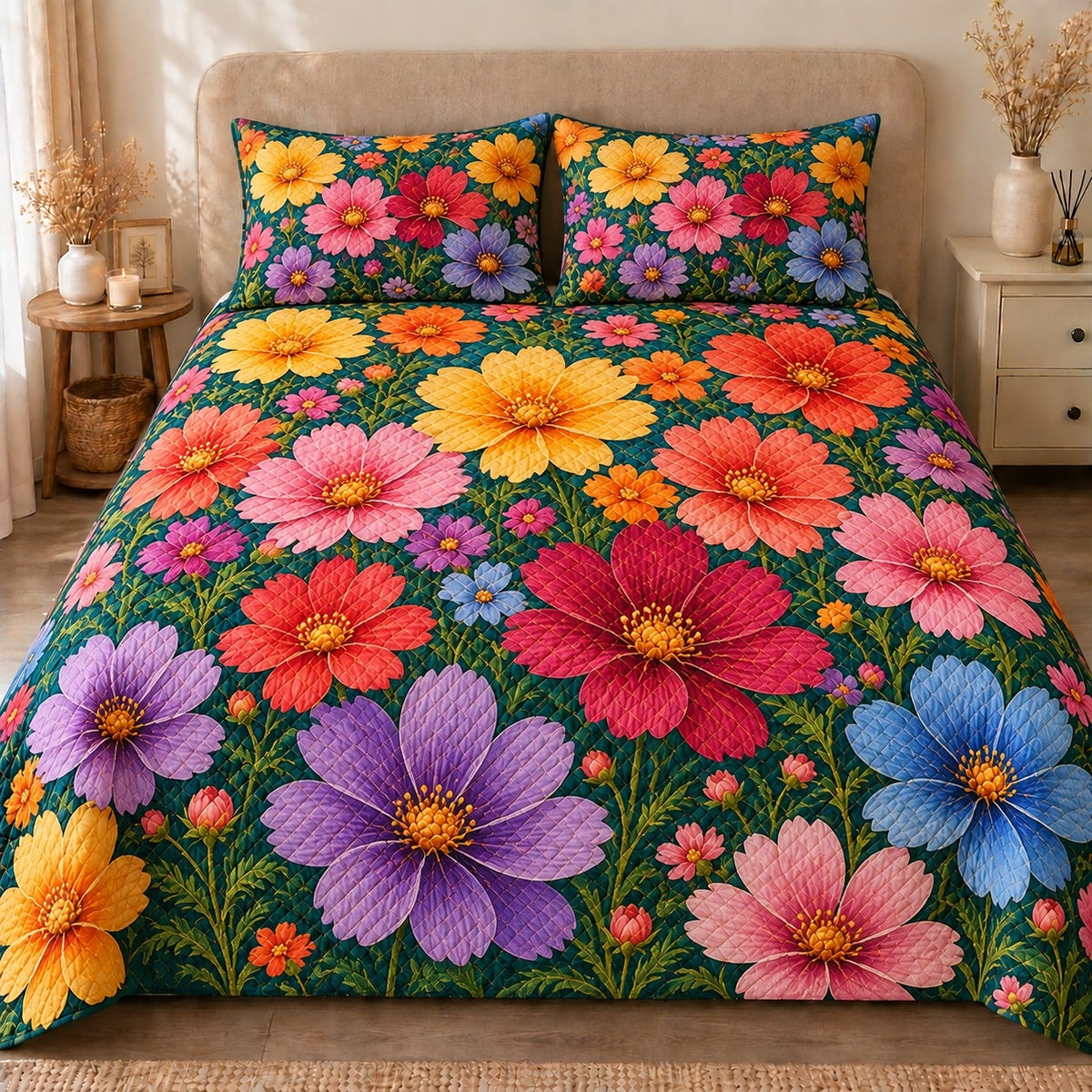 AI mockup, front view of large colorful cosmos and small wildflowers on deep green, quilt and two matching printed pillowcases in a neutral bedroom.
