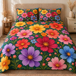 Bright Wildflower Quilt Set, Colorful Cosmos on Deep Green, Gift for Flower Lovers