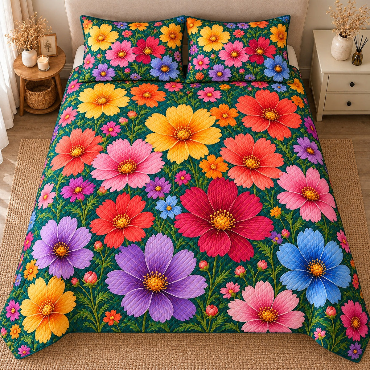 AI mockup, high centered overhead view of large colorful cosmos and small wildflowers on deep green, quilt and two matching printed pillowcases in a neutral bedroom.