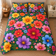 AI mockup, high centered overhead view of large colorful cosmos and small wildflowers on deep green, quilt and two matching printed pillowcases in a neutral bedroom.