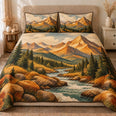 Mountain River Quilt Set, Golden Alpine Valley and Pine Forest, Gift for Nature Lovers