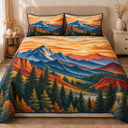 Mountain Sunset Quilt Set, Blue Peaks and Amber Sky, Gift for Nature Lovers