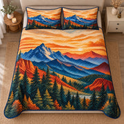 AI mockup, high centered overhead view of layered blue mountains and pine forest beneath a glowing amber sunset sky, quilt and two matching printed pillowcases in a neutral bedroom.