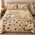 Ivory Peacock Quilt Set, Golden Feathers and White Blossoms, Gift for Peacock Lovers