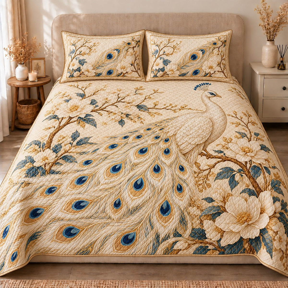 AI mockup, front view of an ivory peacock with blue and gold feather eyes among white blossoms and golden branches, quilt and two matching printed pillowcases in a neutral bedroom.