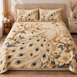 Ivory Peacock Quilt Set, Golden Feathers and White Blossoms, Gift for Peacock Lovers