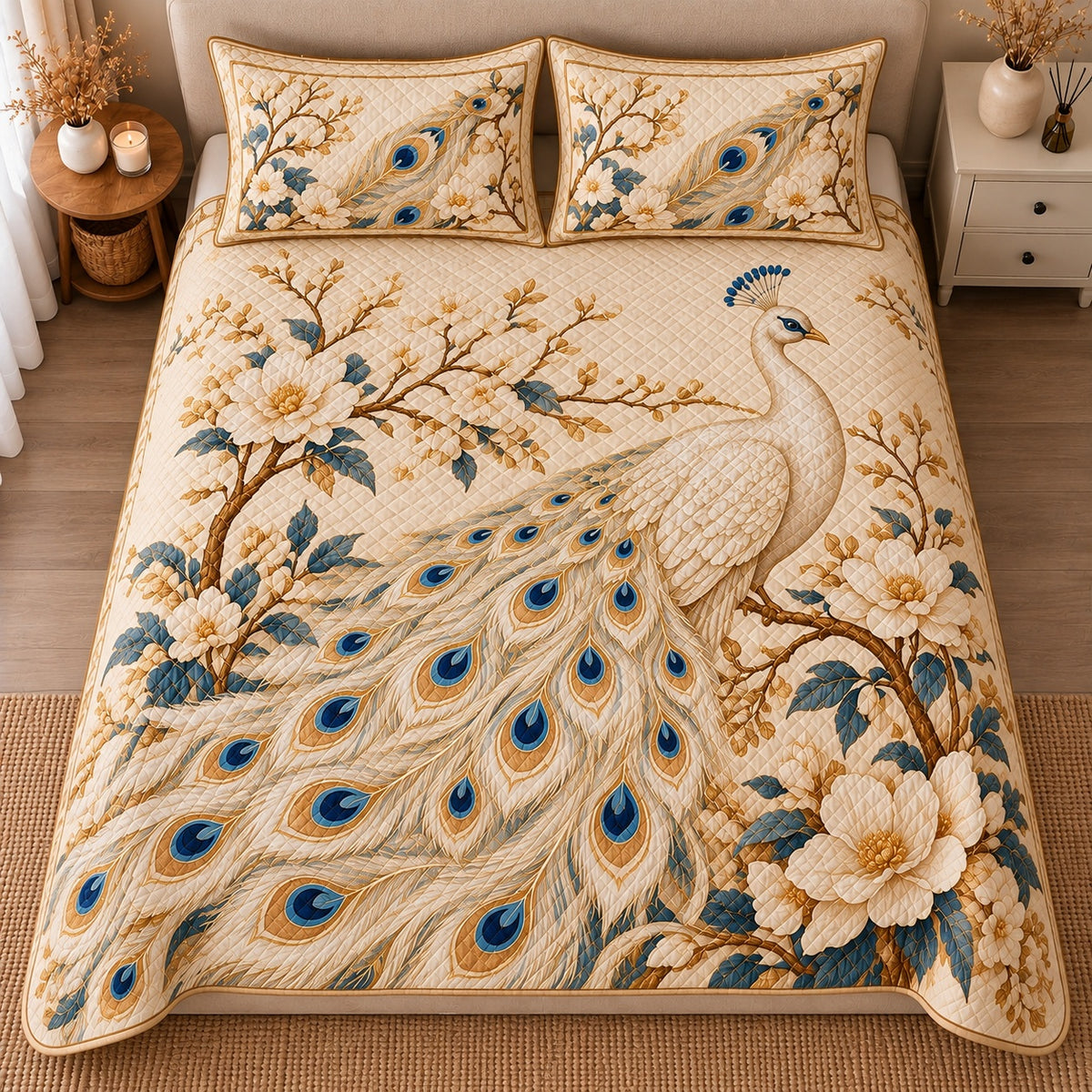 AI mockup, high centered overhead view of an ivory peacock with blue and gold feather eyes among white blossoms and golden branches, quilt and two matching printed pillowcases in a neutral bedroom.