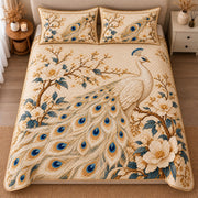 AI mockup, high centered overhead view of an ivory peacock with blue and gold feather eyes among white blossoms and golden branches, quilt and two matching printed pillowcases in a neutral bedroom.