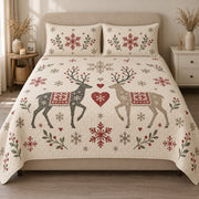 AI mockup, front view of two folk art reindeer with red snowflakes, hearts and berry sprigs on cream, quilt and two matching printed pillowcases in a neutral bedroom.