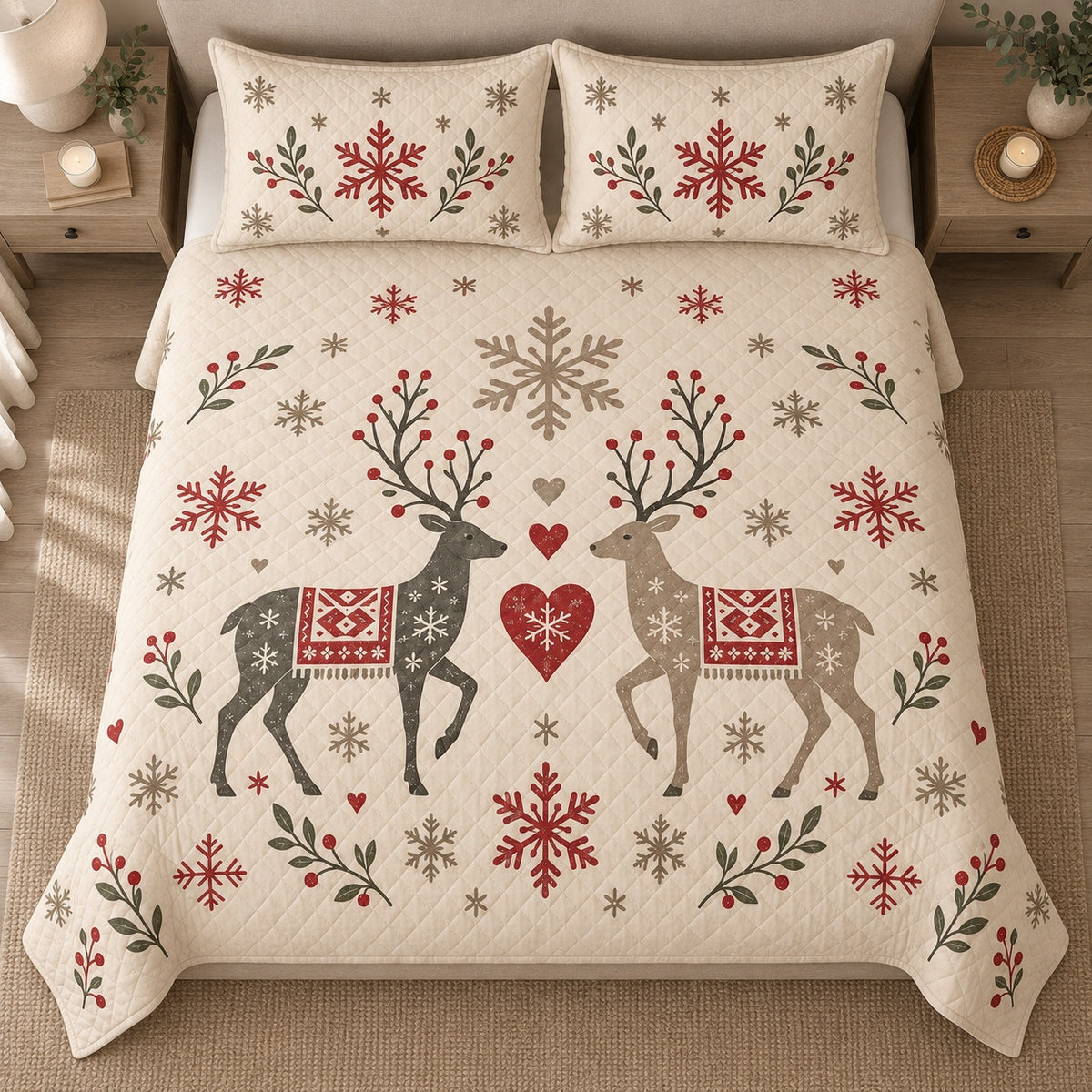 AI mockup, high centered overhead view of two folk art reindeer with red snowflakes, hearts and berry sprigs on cream, quilt and two matching printed pillowcases in a neutral bedroom.