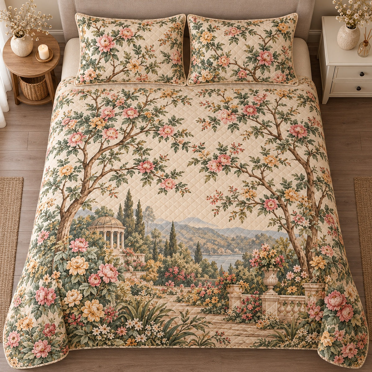 AI mockup, high centered overhead view of a romantic flowering garden arch framing a gazebo and distant lake on cream, quilt and two matching printed pillowcases in a neutral bedroom.