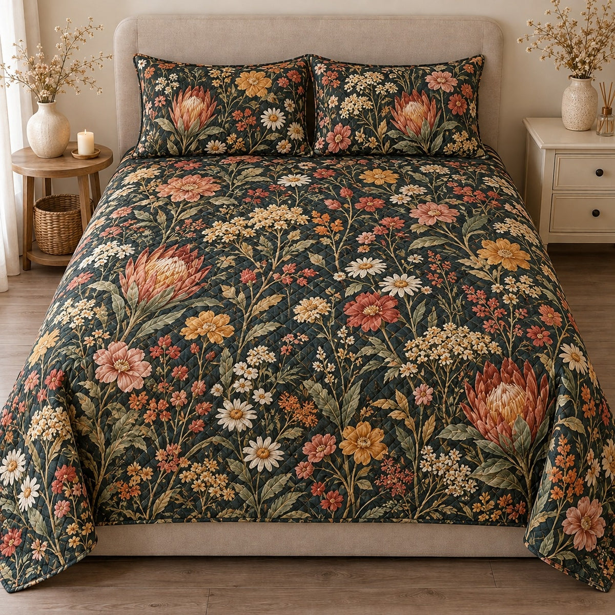 AI mockup, front view of coral protea, pink and gold wildflowers and green leaves on dark teal, quilt and two matching printed pillowcases in a neutral bedroom.