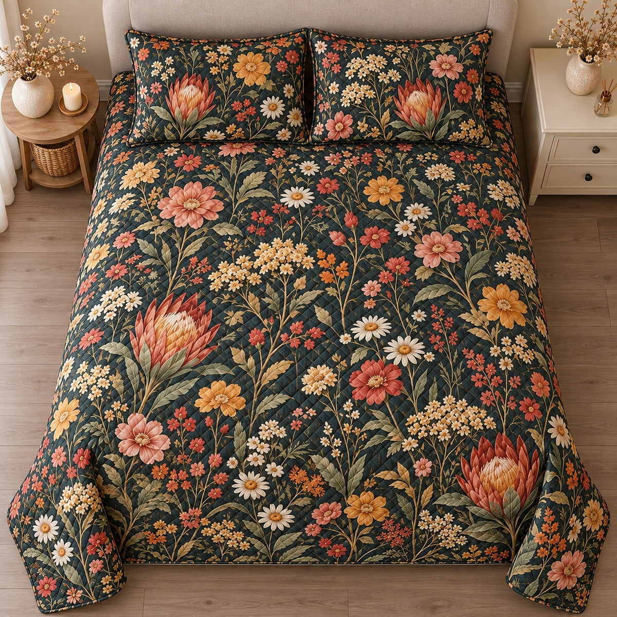 AI mockup, high centered overhead view of coral protea, pink and gold wildflowers and green leaves on dark teal, quilt and two matching printed pillowcases in a neutral bedroom.