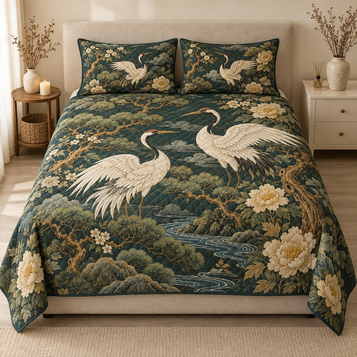 AI mockup, front view of two white cranes among pine trees, cream peonies and a winding stream on deep green, quilt and two matching printed pillowcases in a neutral bedroom.