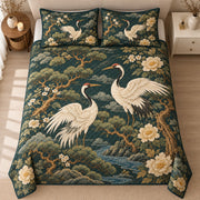 AI mockup, high centered overhead view of two white cranes among pine trees, cream peonies and a winding stream on deep green, quilt and two matching printed pillowcases in a neutral bedroom.