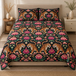 Tiger Floral Quilt Set, Mirrored Tigers and Pink Blooms, Gift for Tiger Lovers