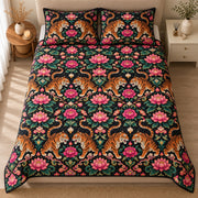 AI mockup, high centered overhead view of mirrored orange tigers surrounded by pink flowers and green botanical scrolls on black, quilt and two matching printed pillowcases in a neutral bedroom.