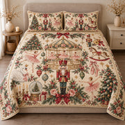 AI mockup, front view of a festive carousel, nutcracker, ballet dancers, Christmas trees and roses on cream, quilt and two matching printed pillowcases in a neutral bedroom.