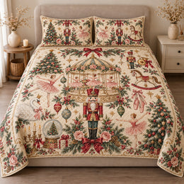 Nutcracker Christmas Quilt Set, Ballet Carousel and Roses, Gift for Ballet Lovers