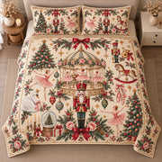 AI mockup, high centered overhead view of a festive carousel, nutcracker, ballet dancers, Christmas trees and roses on cream, quilt and two matching printed pillowcases in a neutral bedroom.