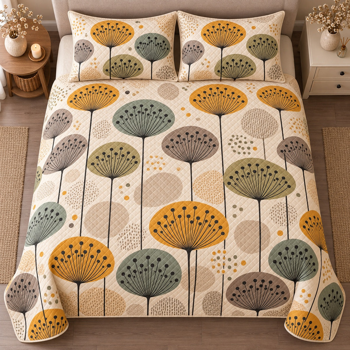 AI mockup, high centered overhead view of stylized seed heads in mustard, sage and gray on warm ivory, quilt and two matching printed pillowcases in a neutral bedroom.