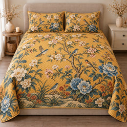 Golden Chinoiserie Quilt Set, Blue Birds and Peonies, Gift for Bird Lovers