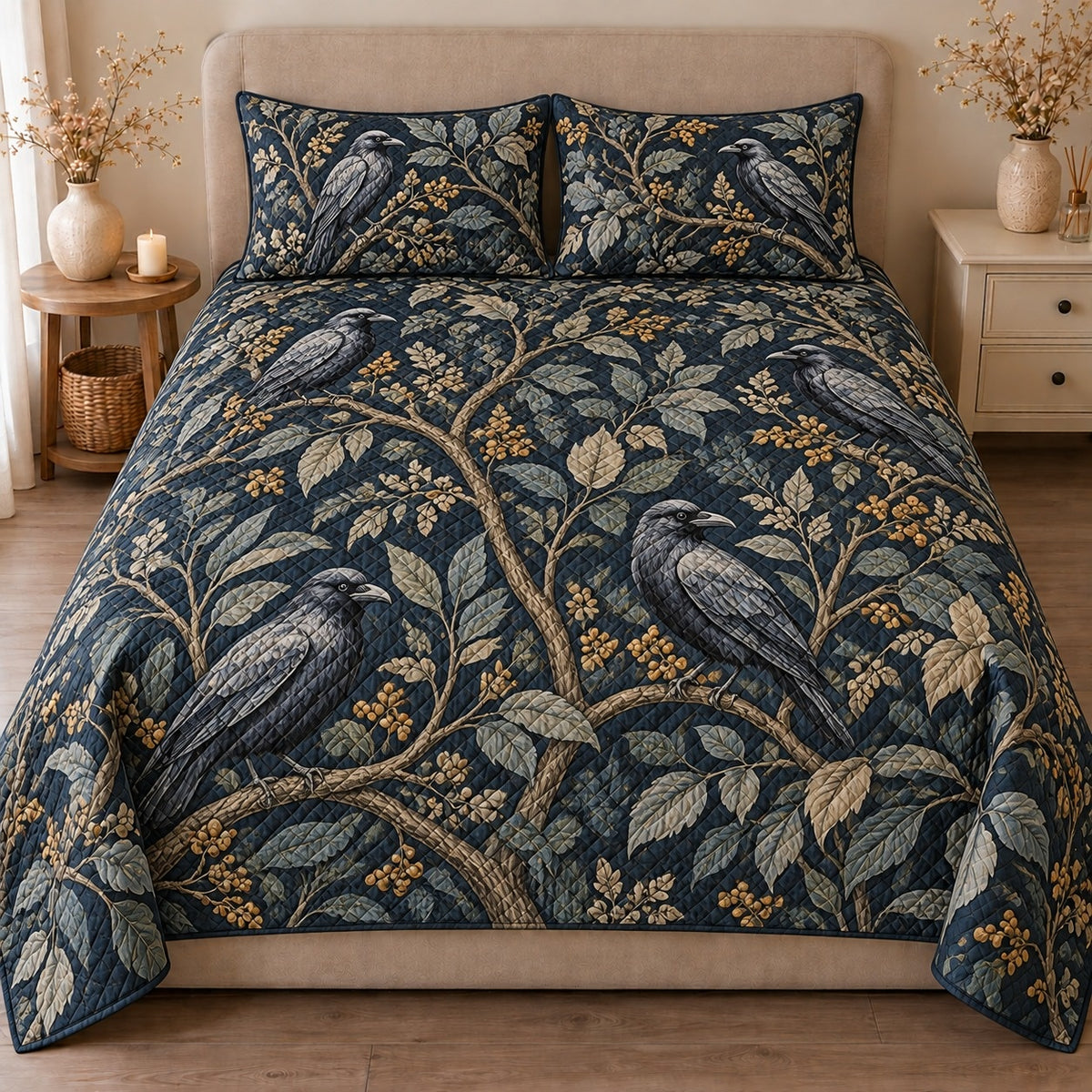 AI mockup, front view of blue gray ravens perched among winding leafy branches on dark navy, quilt and two matching printed pillowcases in a neutral bedroom.