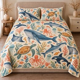 Ocean Wildlife Quilt Set, Whales Turtles and Coral, Gift for Ocean Lovers