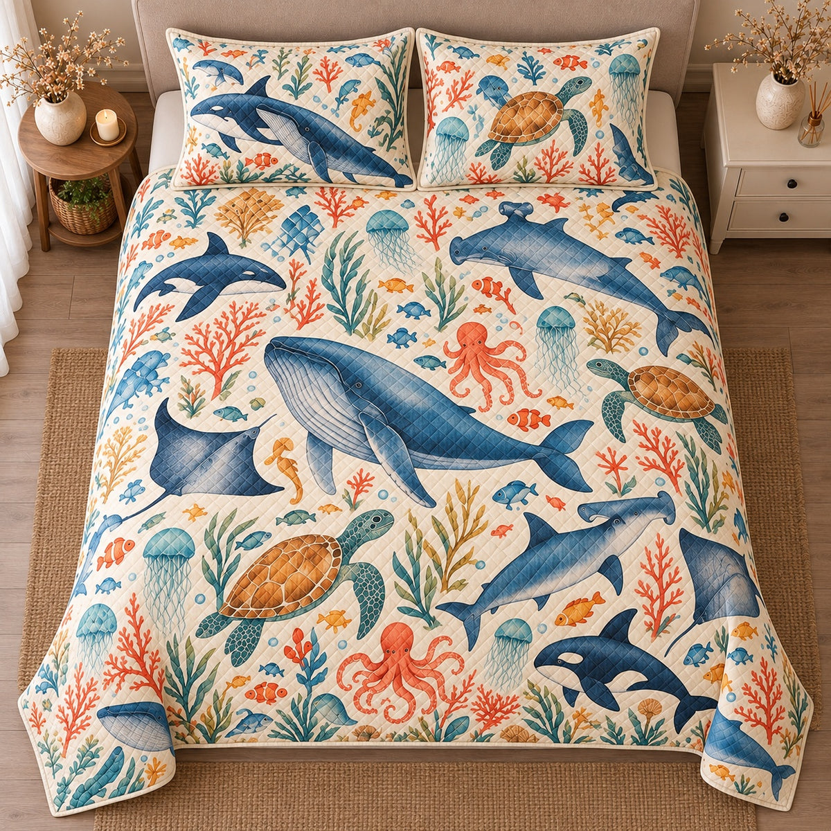 AI mockup, high centered overhead view of blue whales, dolphins, sea turtles, octopuses and coral on ivory, quilt and two matching printed pillowcases in a neutral bedroom.