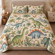 AI mockup, front view of colorful dinosaurs, prehistoric palms and distant volcanoes on cream, quilt and two matching printed pillowcases in a neutral bedroom.