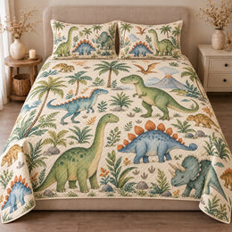 Dinosaur Adventure Quilt Set, Prehistoric Giants and Palms, Gift for Dinosaur Lovers