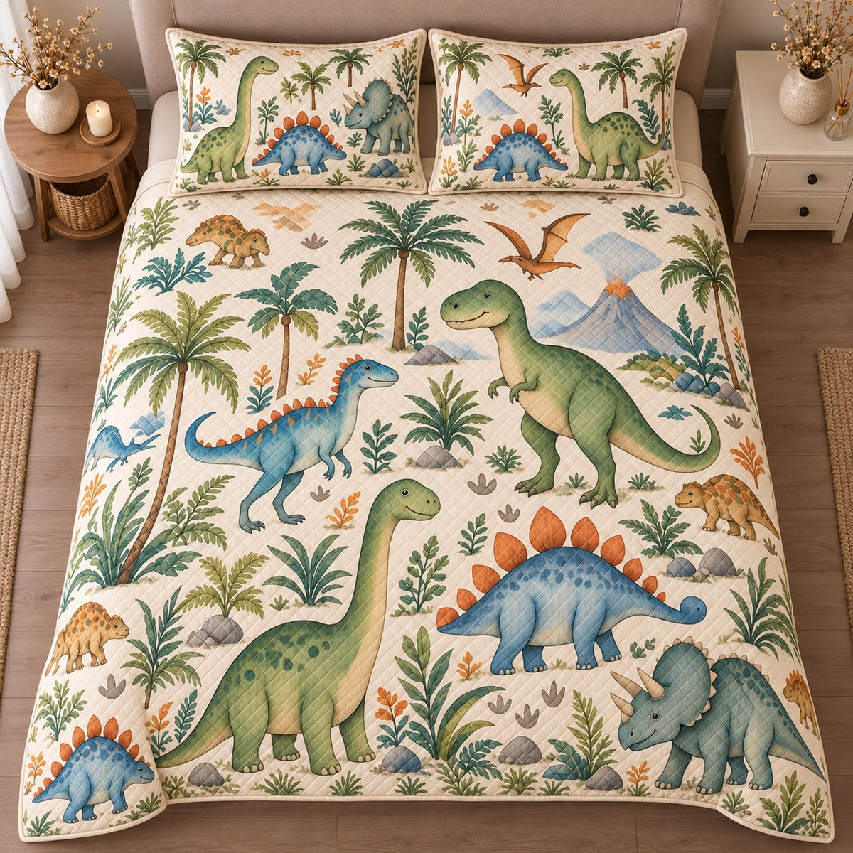 AI mockup, high centered overhead view of colorful dinosaurs, prehistoric palms and distant volcanoes on cream, quilt and two matching printed pillowcases in a neutral bedroom.