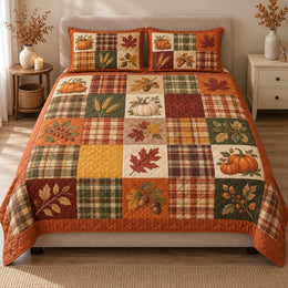 Autumn Patchwork Quilt Set, Pumpkins Plaid and Maple Leaves, Gift for Fall Decor Lovers